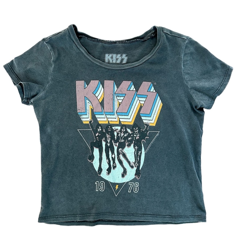 Kiss 1976 100% Cotton Grey Cropped Graphic Short Sleeve Wide Neck Medium T-Shirt